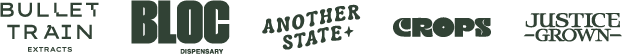 an image of all of our company's logos (Bullet Train, Bloc, Another State, Crops, Justice Grown) in dark green