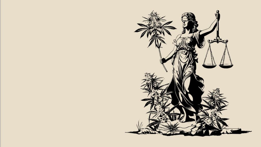 Lady Justice holding her scales in one hand and a cannabis flower in the other. Standing on a bed of cannabis flowers