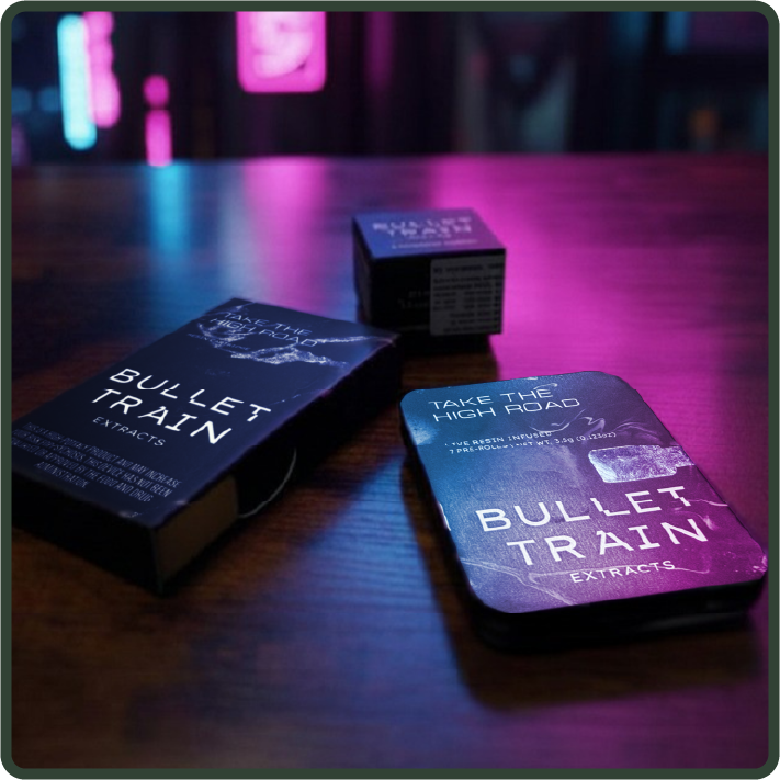 Assorted Bullet Train products on a wooden table with blue and pink neon lighting.
